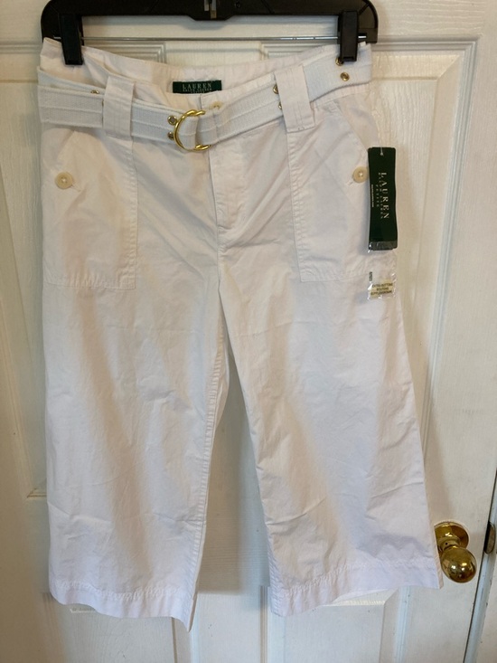 Lauren Ralph Lauren Pants - Lauren Ralph Lauren White Cotton Belted Crop Pants with Gold D-Ring